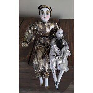 VINTAGE HARLEQUIN PORCELAIN JESTER CLOWN DOLLS 2 PCS 15" & 10"